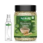 NutroVally 100g dried rosemary leaves (food grade) shown next to the free mist spray bottle for hair care.