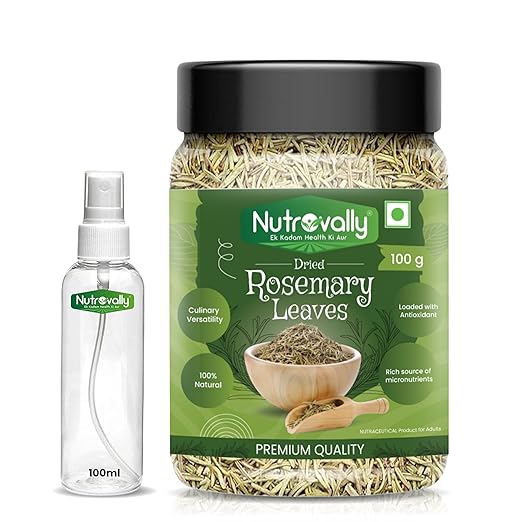 NutroVally 100g dried rosemary leaves (food grade) shown next to the free mist spray bottle for hair care.